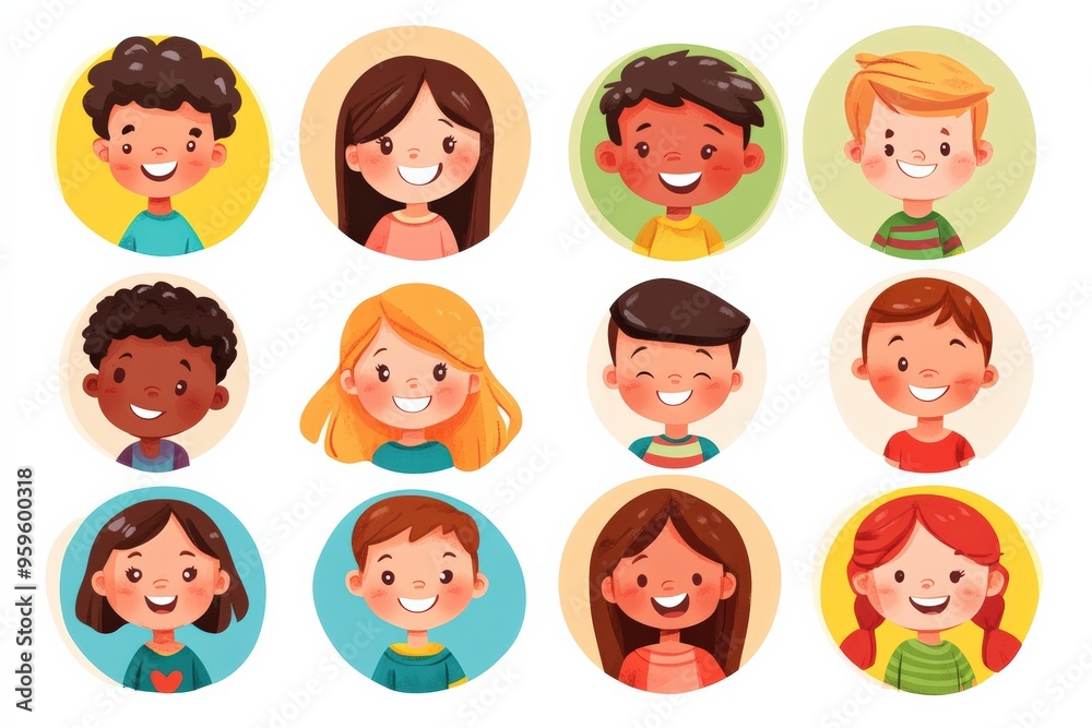 Happy kids avatars. Cute children smiling, boy girl in rounds vector set. Illustration girl and boy avatar, happy kids, child happiness Happy kids avatars. Cute children smiling, boy girl in rounds vector set. Illustration girl and boy avatar, happy kids, child happiness