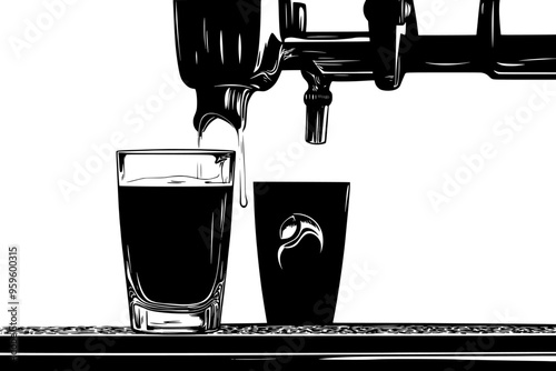 Nitro coffee tap pouring coffee into a clear glass on a bar, vector illustration art