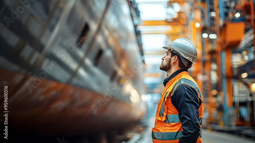 A worker observes a ship in...