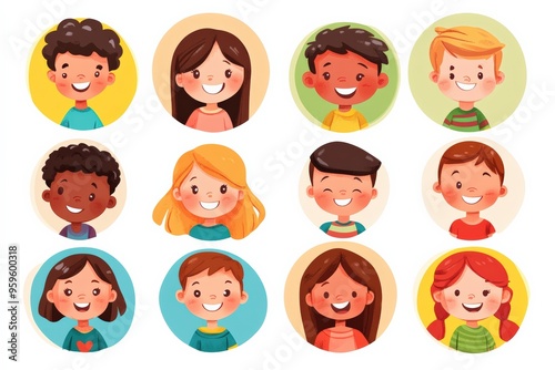 Happy kids avatars. Cute children smiling, boy girl in rounds vector set. Illustration girl and boy avatar, happy kids, child happiness 