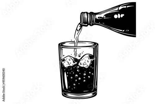 Pouring carbonated soda from a bottle into a glass, with visible bubbles in the stream, vector illustration art