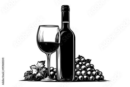 Red wine bottle partially uncorked, with a filled glass and grape bunches on display, vector illustration art