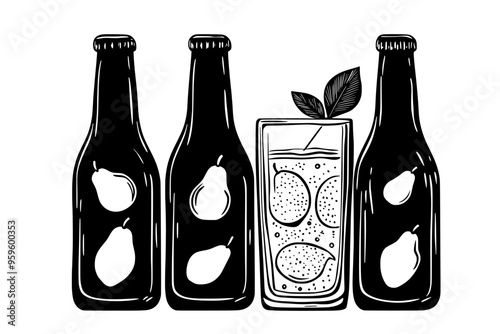 Row of pear cider bottles with a filled glass holding a light beverage, vector illustration art