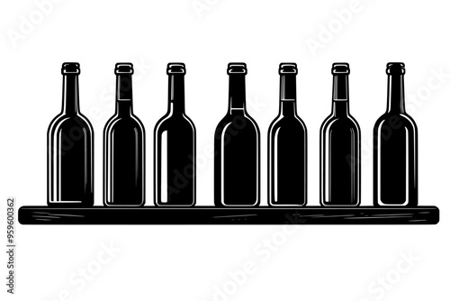 Row of vintage wine bottles on a wooden wine rack, vector illustration art