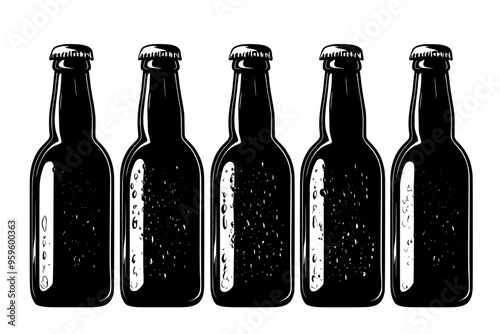 Row of stout bottles with dark liquid and condensation, vector illustration art