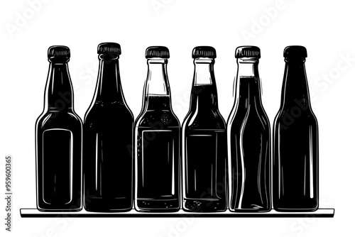Selection of artisanal soda bottles standing upright on a glass shelf, vector illustration art