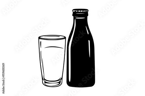 Sealed almond milk bottle beside a drinking glass, vector illustration art