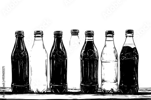 Selection of gourmet soft drink bottles standing upright on a wooden table, vector illustration art
