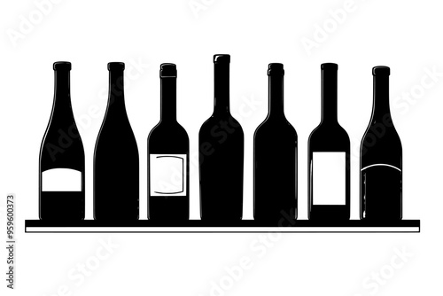 Selection of vintage wine bottles standing upright on a wooden shelf, vector illustration art