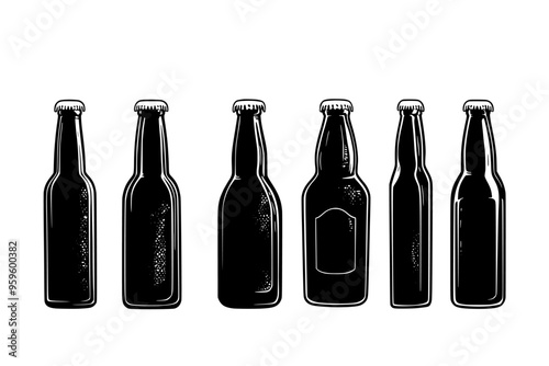 Set of root beer bottles, different sizes, displayed in a linear arrangement, vector illustration art