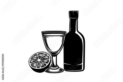 Filled shot glass of tequila beside bottle with visible label and lime, vector illustration art
