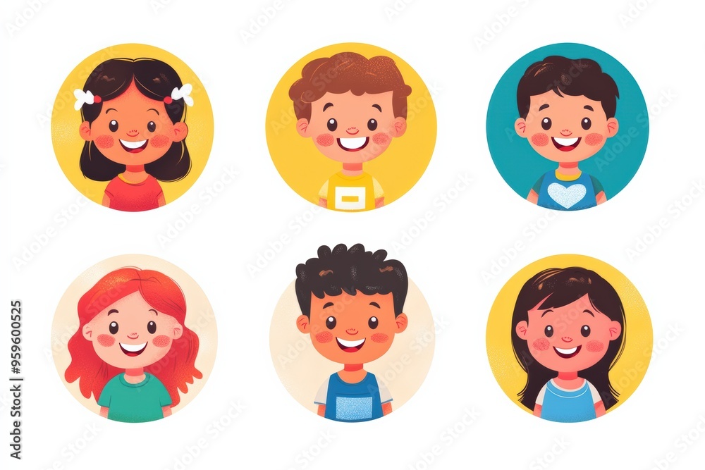 Happy kids avatars. Cute children smiling, boy girl in rounds vector set. Illustration girl and boy avatar, happy kids, child happiness Happy kids avatars. Cute children smiling, boy girl in rounds vector set. Illustration girl and boy avatar, happy kids, child happiness