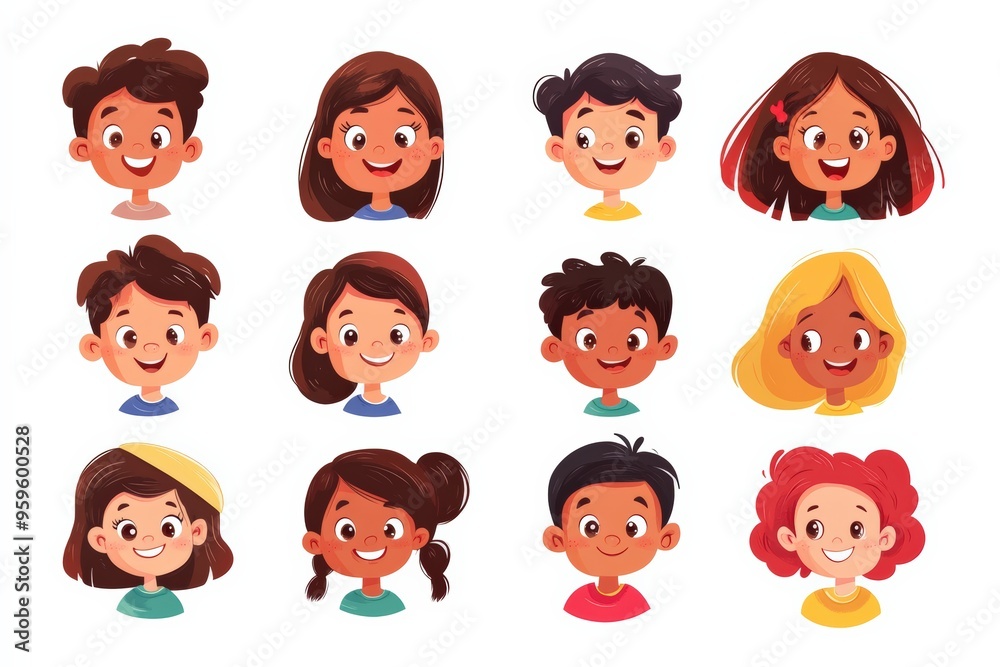 Happy kids avatars. Cute children smiling, boy girl in rounds vector set. Illustration girl and boy avatar, happy kids, child happiness Happy kids avatars. Cute children smiling, boy girl in rounds vector set. Illustration girl and boy avatar, happy kids, child happiness