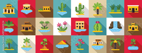 Lake desert icons set. Vector set of oasis landscape elements showing buildings, plants and water features with long shadows