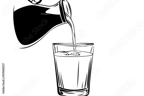 Soy milk jug pouring into a clear drinking glass, vector illustration art