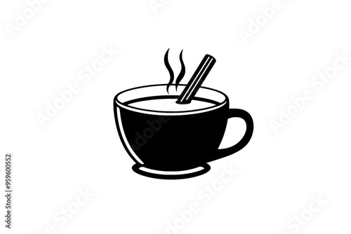 Steaming cup of hot chocolate with a cinnamon stick protruding from the side, vector illustration art