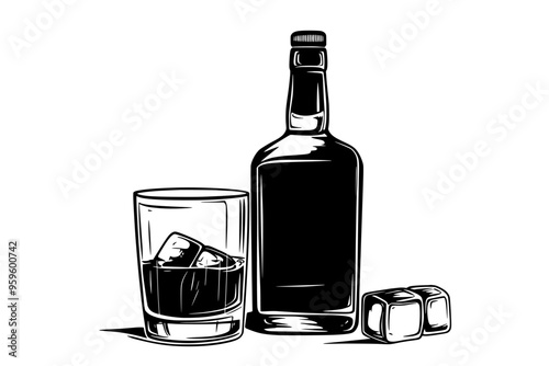 Whiskey bottle and filled glass on wooden surface with cork, vector illustration art