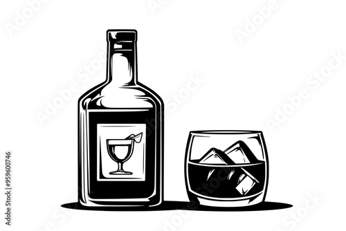 Whiskey bottle with visible label and filled glass with ice, vector illustration art
