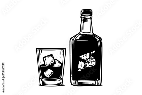 Whiskey bottle and filled glass on wooden surface with cork, vector illustration art