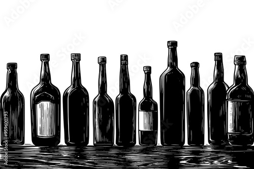 Assortment of craft distillery bottles arranged on wooden surface, vector illustration art