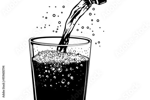 Carbonated soda being poured into a glass, filling up with bubbles, vector illustration art