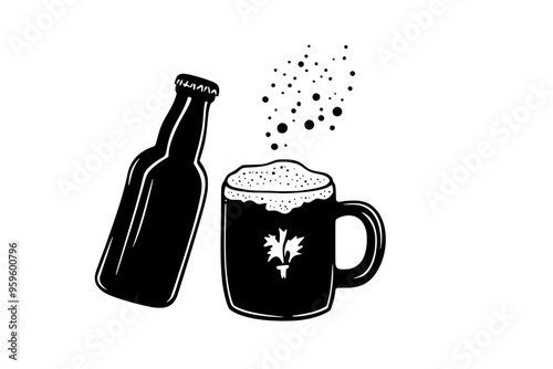 An image of root beer being poured from a bottle into a frosty mug, foam forming, vector illustration art