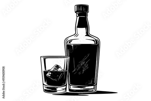 Unopened whiskey bottle with filled glass showing liquid inside, vector illustration art