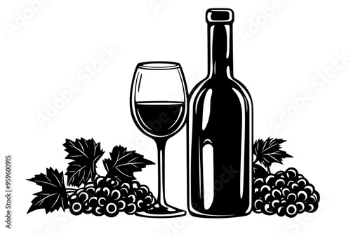 Unopened wine bottle with a filled glass and a corkscrew resting nearby, vector illustration art