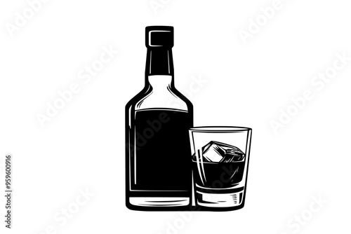 Unopened whiskey bottle with filled glass showing liquid inside, vector illustration art