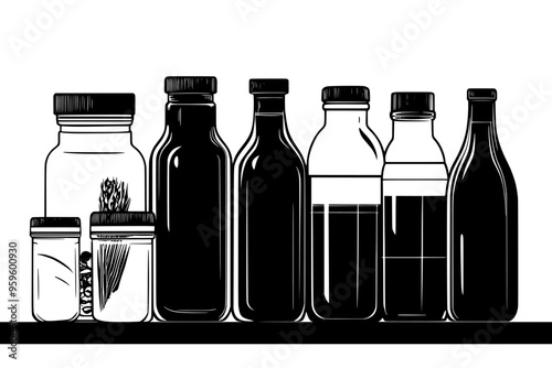Assorted bottles filled with liquid, next to jars with probiotic cultures on a table, vector illustration art