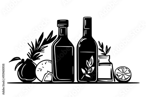 Bottles filled with liquid, positioned alongside fresh ingredients on a flat surface, vector illustration art