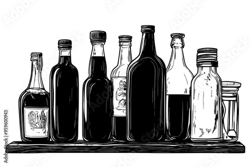 Bottles and jars with liquid, accompanied by fermentation equipment on a rustic table, vector illustration art