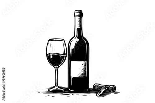 Unopened wine bottle with a filled glass and a corkscrew resting nearby, vector illustration art