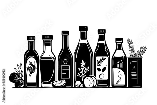 Assorted bottles with liquid, placed next to fresh ingredients on a neutral background, vector illustration art