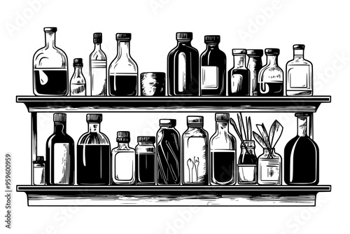 Assorted glass containers with liquid, positioned near fermentation equipment on a wooden tabletop, vector illustration art