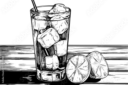 Clear glass of lemonade with ice cubes, set on a wooden table, vector illustration art