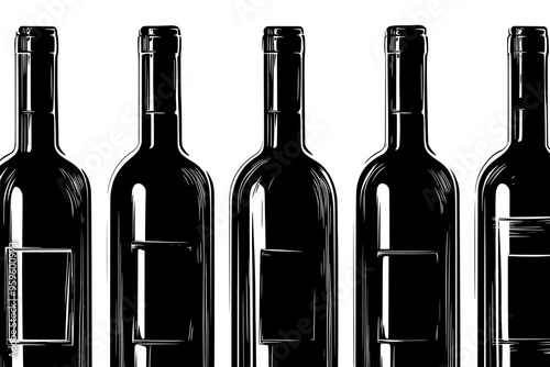 Close-up of vintage wine bottles with aged labels, arranged symmetrically, vector illustration art