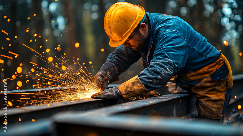 A worker welding metal beams, creating sparks in an industrial setting. A worker welding metal beams, creating sparks in an industrial setting.