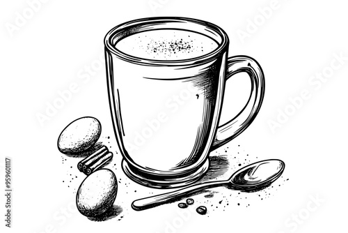 Glass mug holding eggnog beside a spoon and nutmeg pieces, vector illustration art