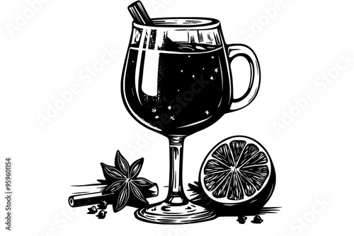 Glass of mulled wine with visible spices, set on a wooden table, vector illustration art