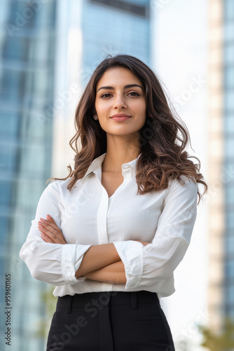 Free Download young indian business woman standing near office building - GFXLoad
