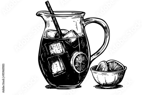 Iced tea in glass pitcher with lemon slices, set beside a small bowl, vector illustration art