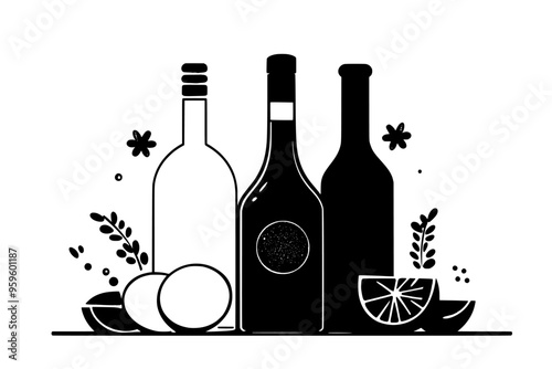 Glass bottles with liquid, set next to fresh ingredients on a neutral surface, vector illustration art