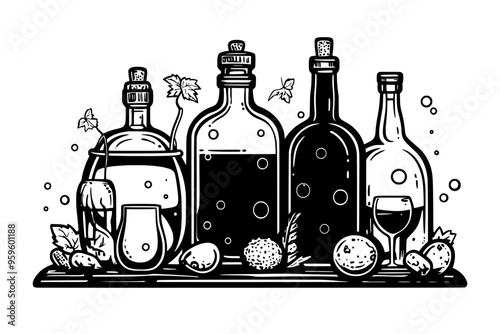 Glass containers filled with liquid, surrounded by fermentation vessels on a wooden surface, vector illustration art