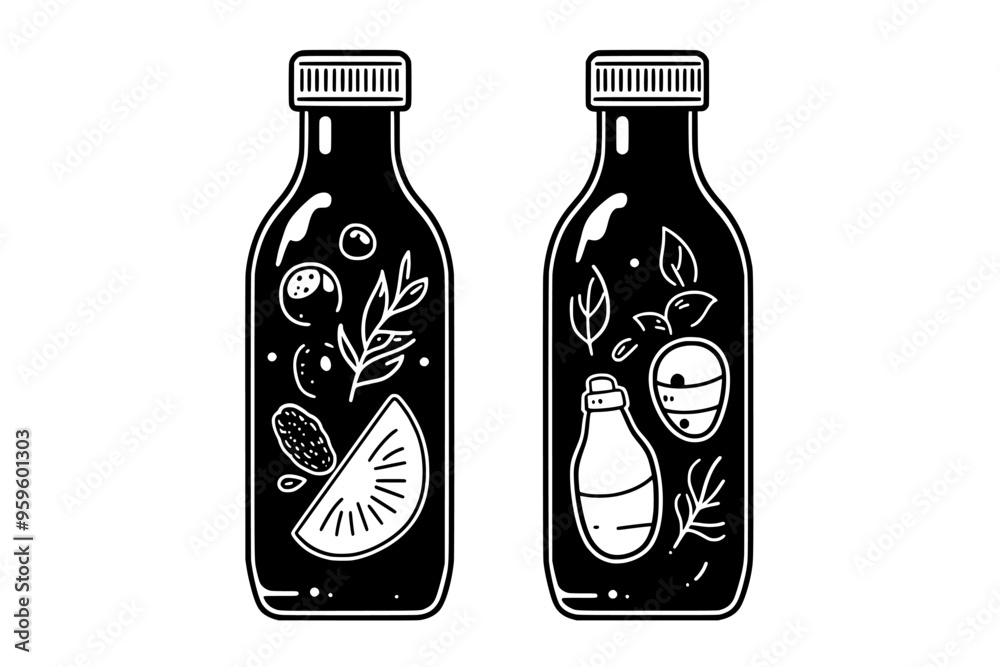 Two bottles side by side, each with different keto beverage flavors and information, vector illustration art Two bottles side by side, each with different keto beverage flavors and information, vector illustration art