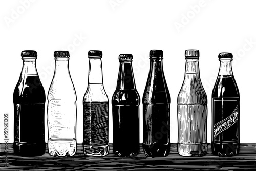 Various artisanal soda bottles positioned side by side on a wooden surface, vector illustration art