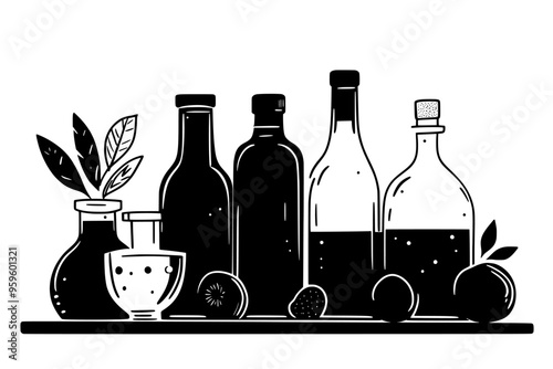 Various bottles and jars with liquid on a table, with visible signs of fermentation, vector illustration art