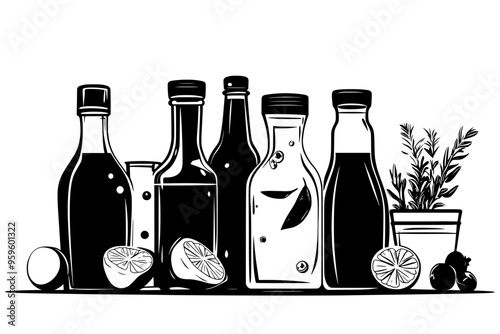 Various glass containers with liquid, accompanied by fresh ingredients on a clean tabletop, vector illustration art