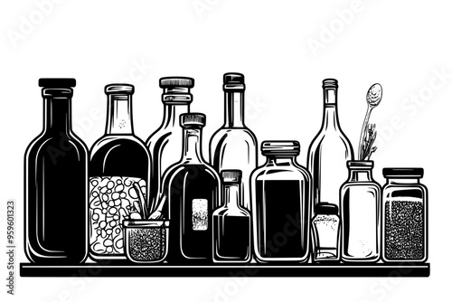 Various jars and bottles with liquid, alongside fermentation vessels on a table, vector illustration art