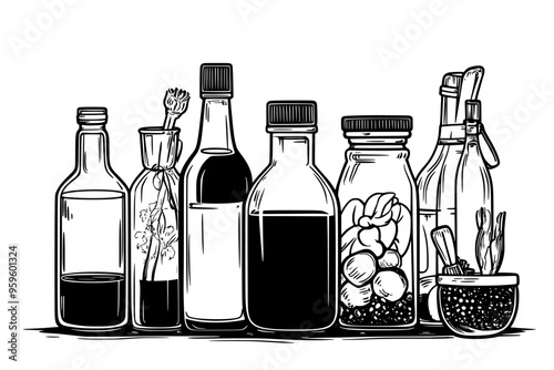 Various jars and bottles with liquid, alongside fermentation vessels on a table, vector illustration art